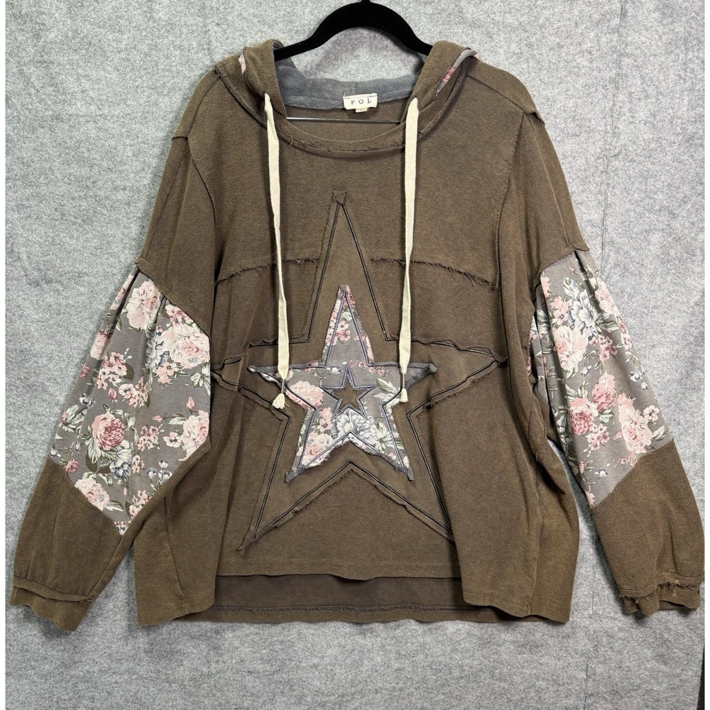 POL Women's L Brown Floral Patchwork Oversized Hoodie Boho Star Appliqué, Cotton - Picture 2 of 13
